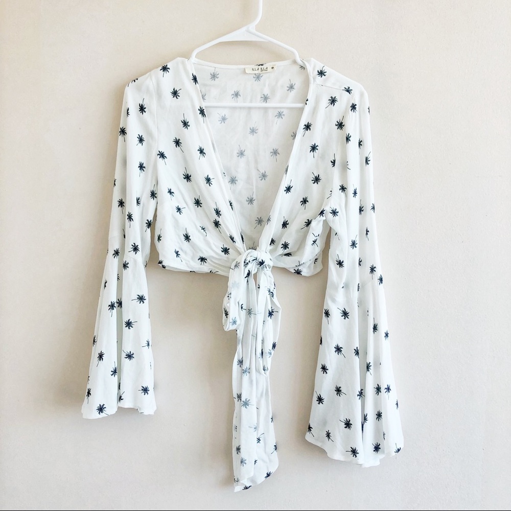Illa Illa bell sleeve tie-up crop with palm trees